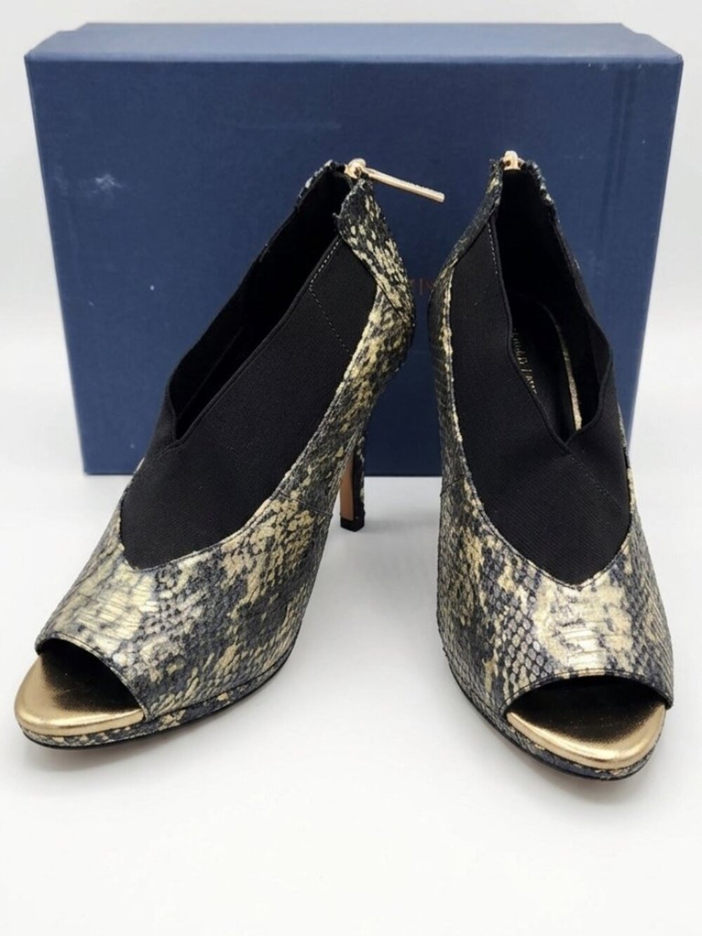 Donald J Pliner Metallic Snakeskin Peep Toe Zip Pumps Heels 6.5M